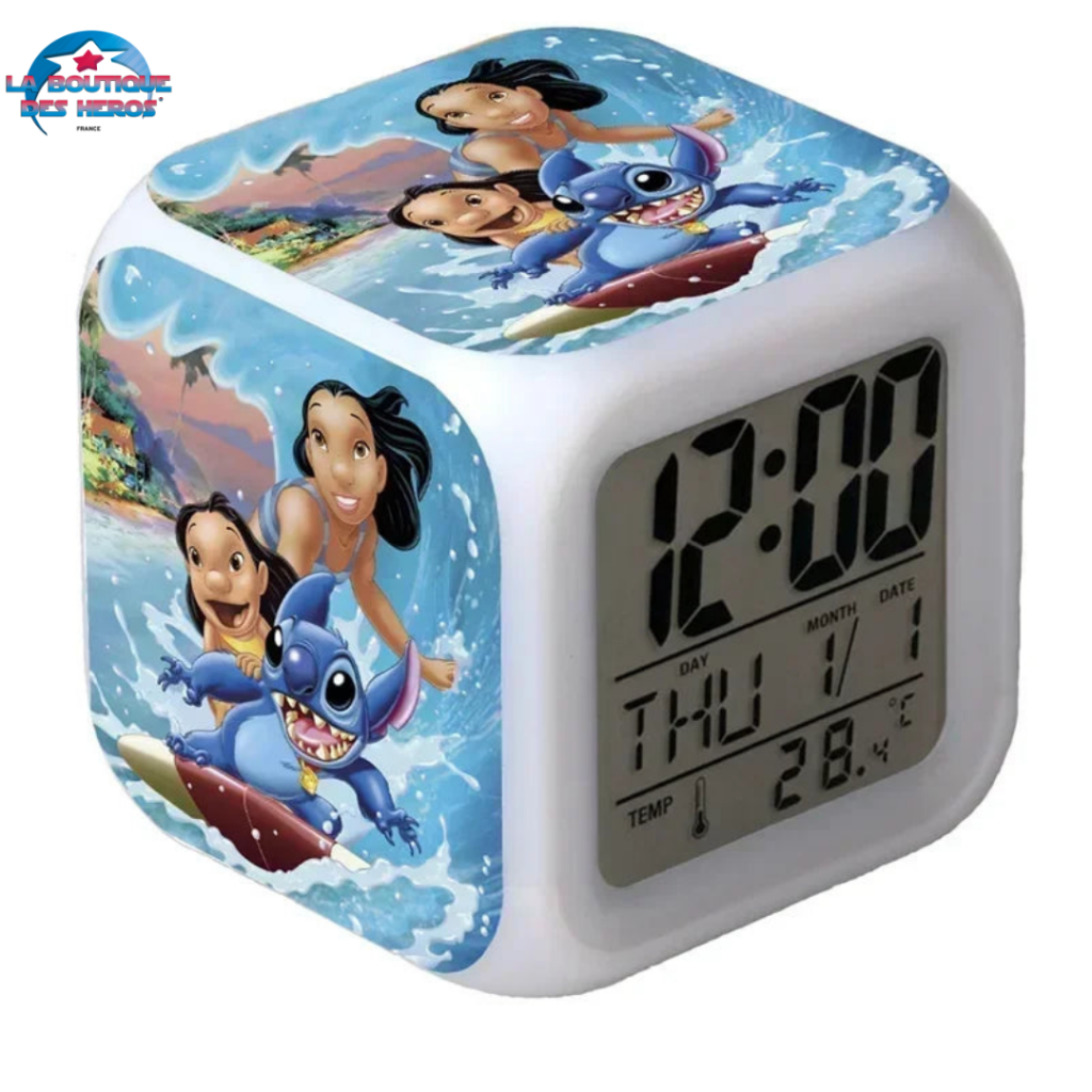 Réveil Stitch LED Lilo & Stitch – Rose – Portable – Snooze Et Veilleuse – Pour Enfants 5-11 Ans